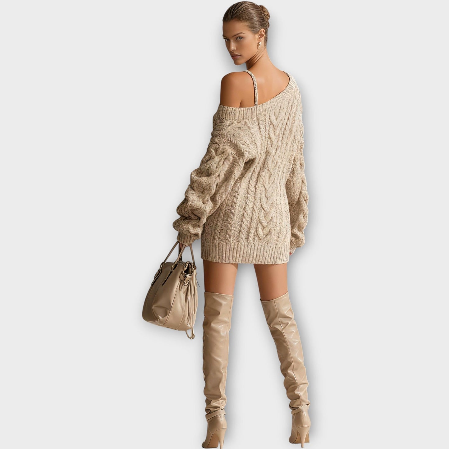 Robe Pull en Maille Tressée avec Épaules Dégagées
