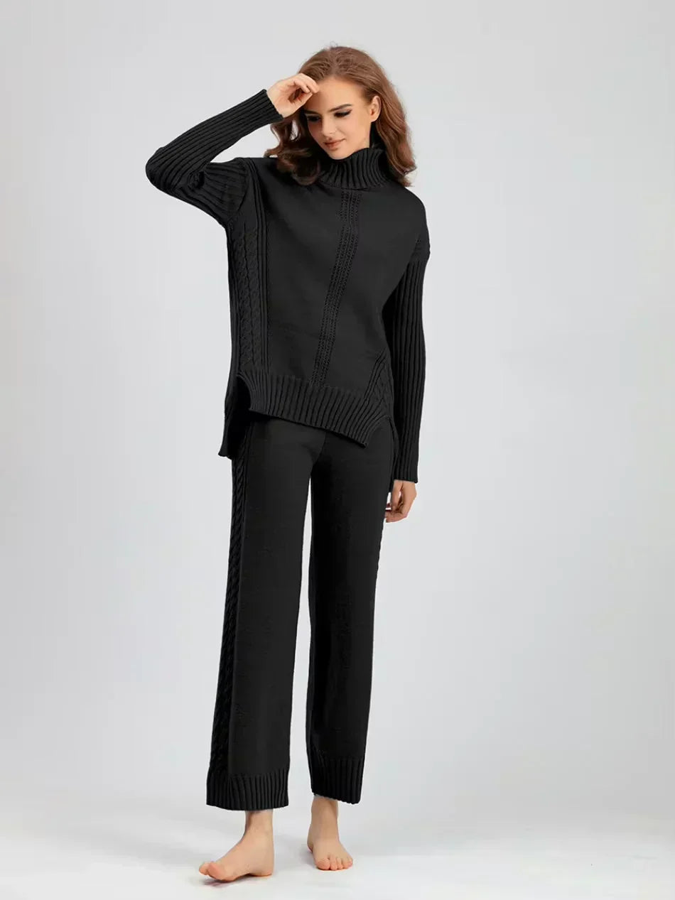 Scarlett - Ensemble de Pull Tricoté à Col Montant Chic et Pantalons Amples