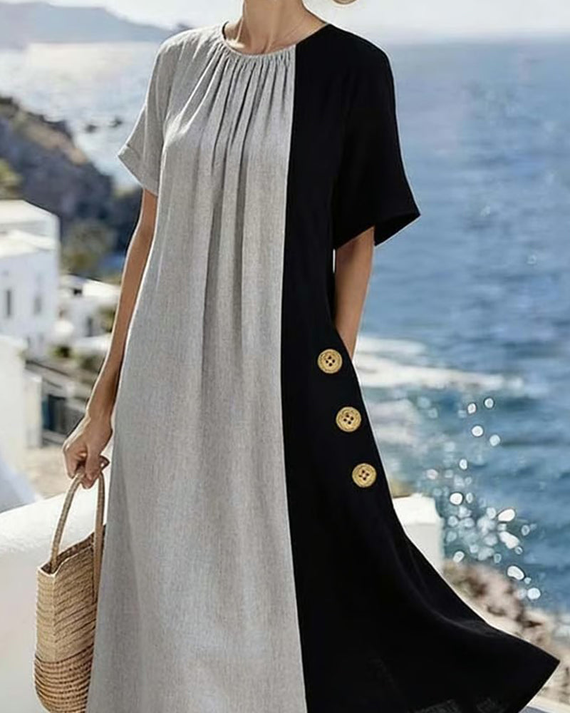 Robe longue décontractée avec col rond et couleur contrastante