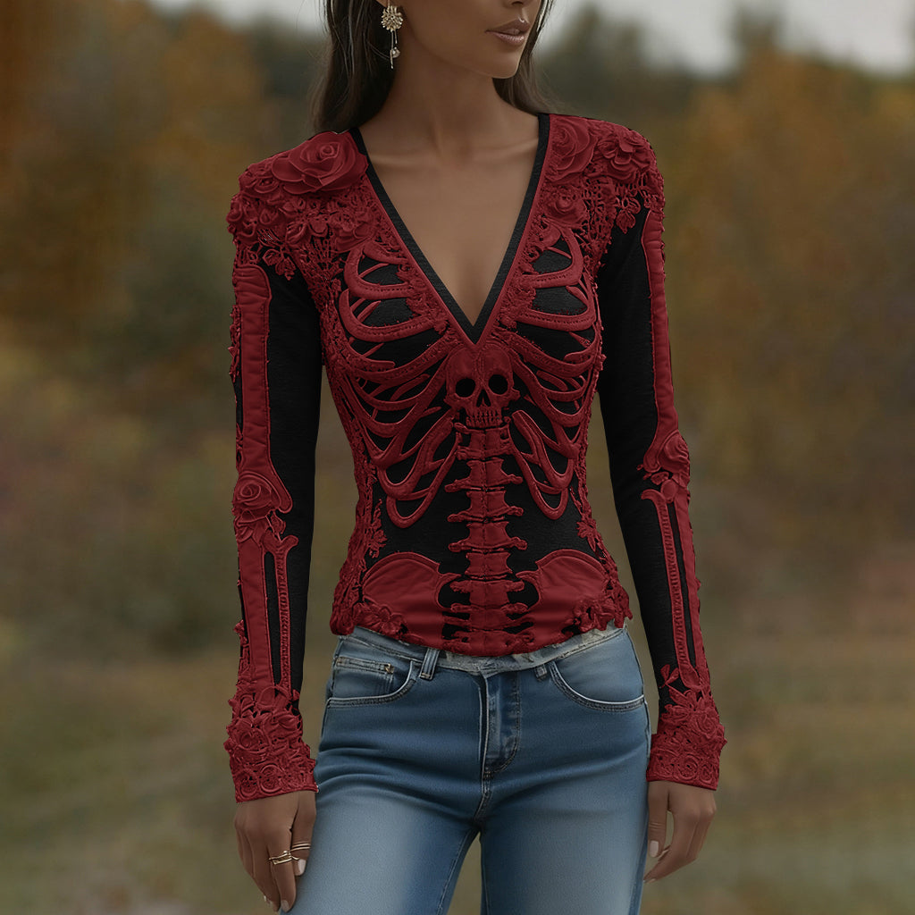 T-shirt décontracté à manches longues pour femmes avec art de squelette, roses et crâne, col en V pour Halloween