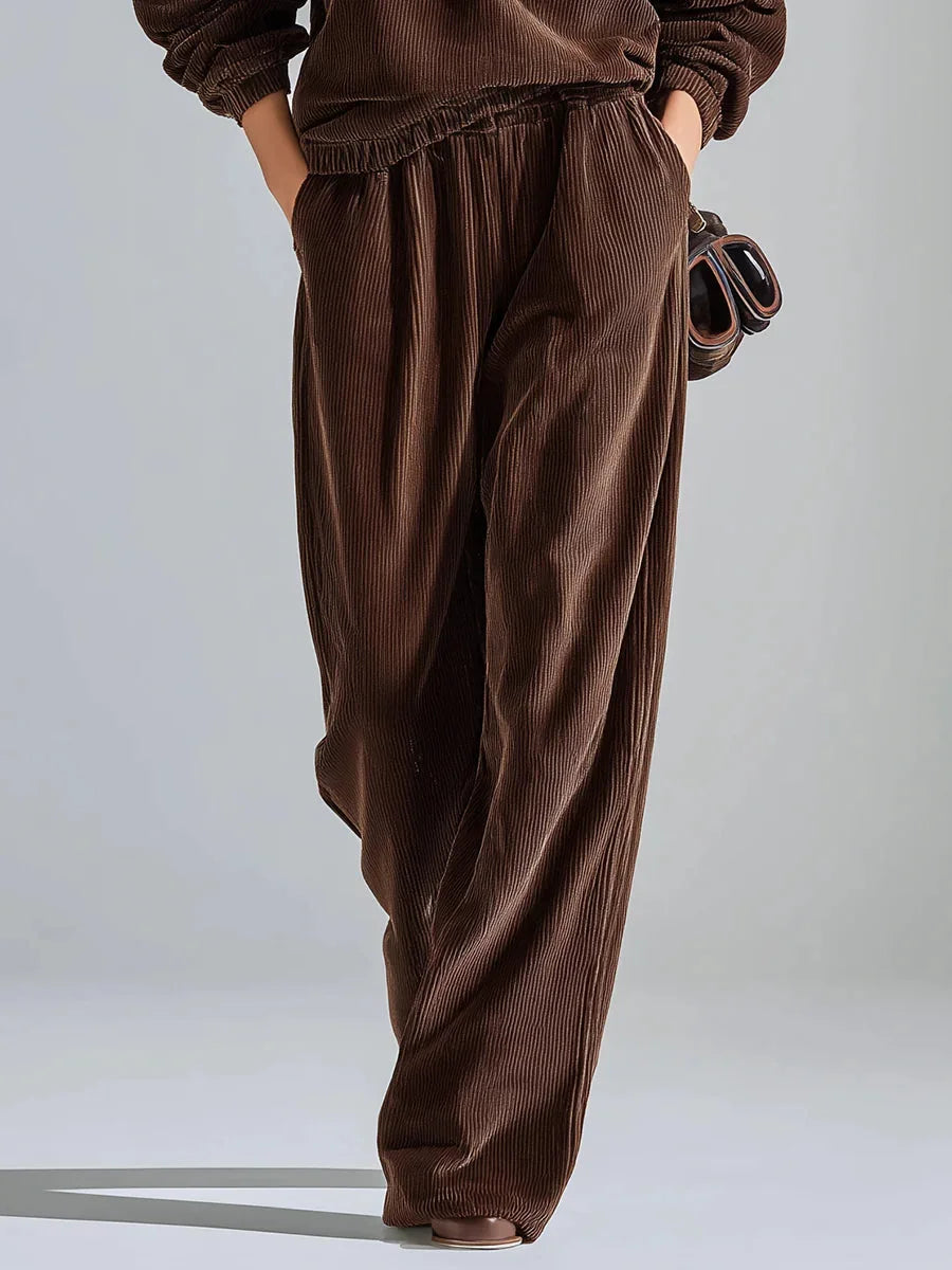 Ensemble Décontracté en Velours Côtelé Uni avec Sweatshirt et Pantalons à Jambes Larges