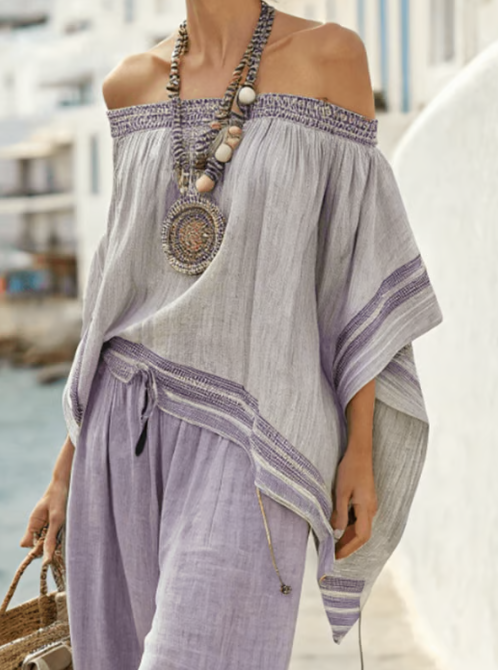 Ensemble en Lin en Deux Pièces avec Design Off-the-Shoulder