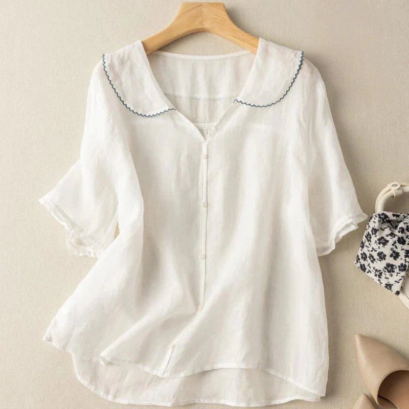 Sotiria - Élégante Blouse en Lin à Manches Courtes