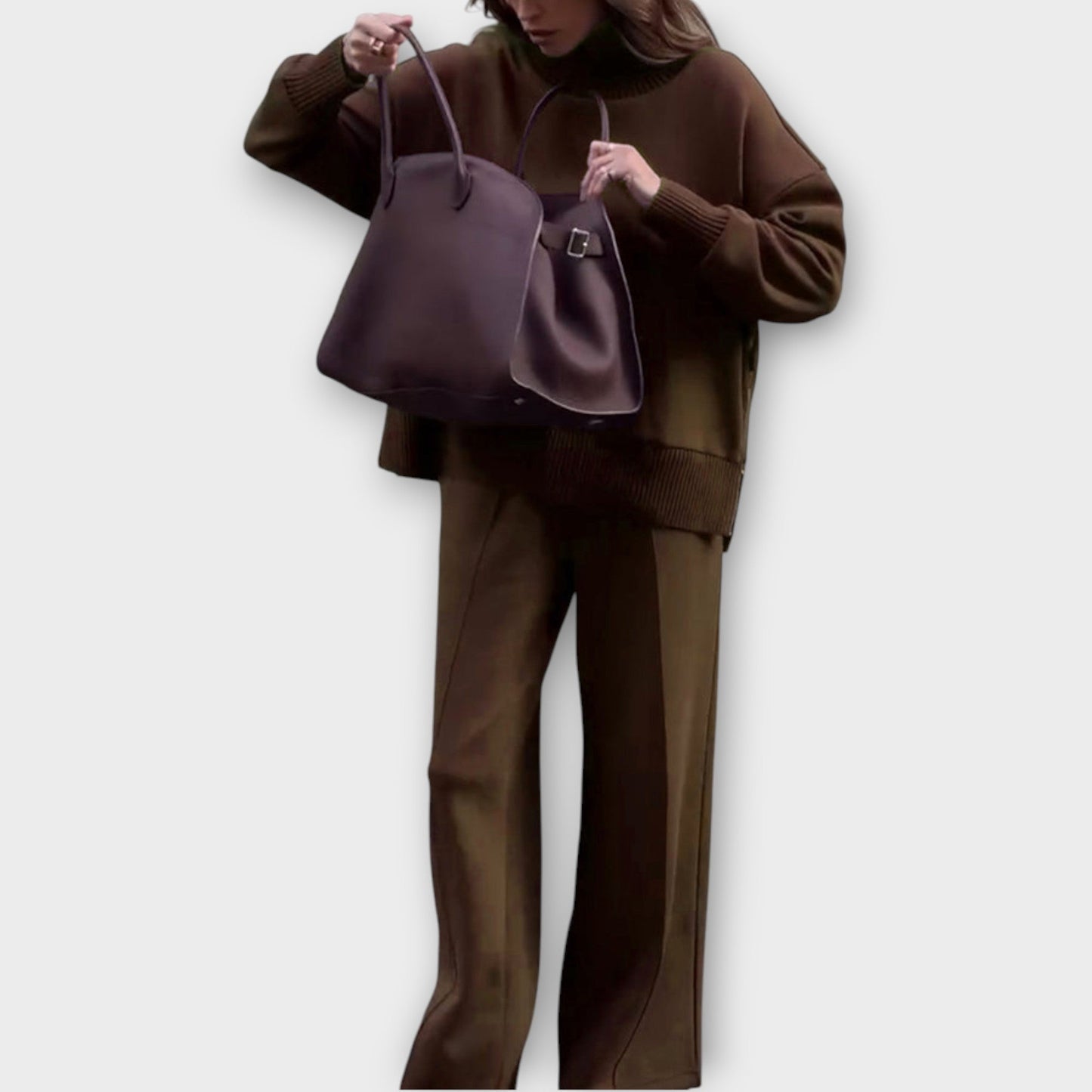 Ensemble de Pull Détendu à Col Montant et Pantalons à Jambes Larges