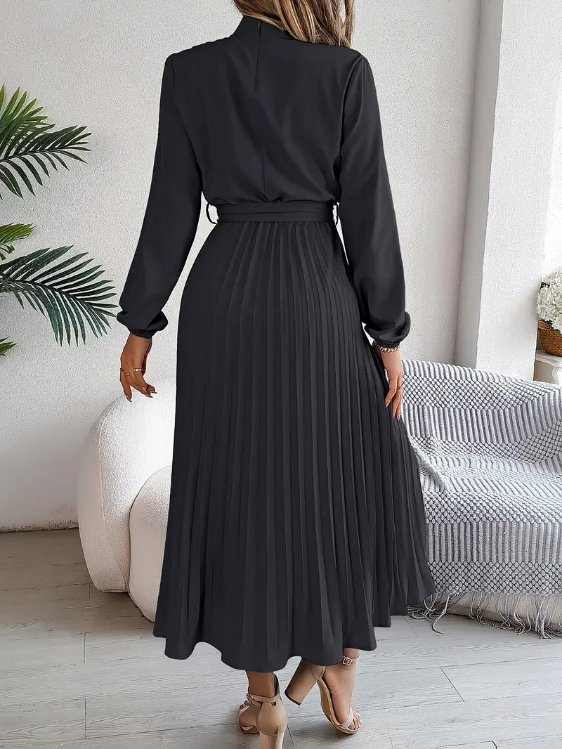 Robe Midi Plissée à Manches Longues pour Femmes avec Ceinture