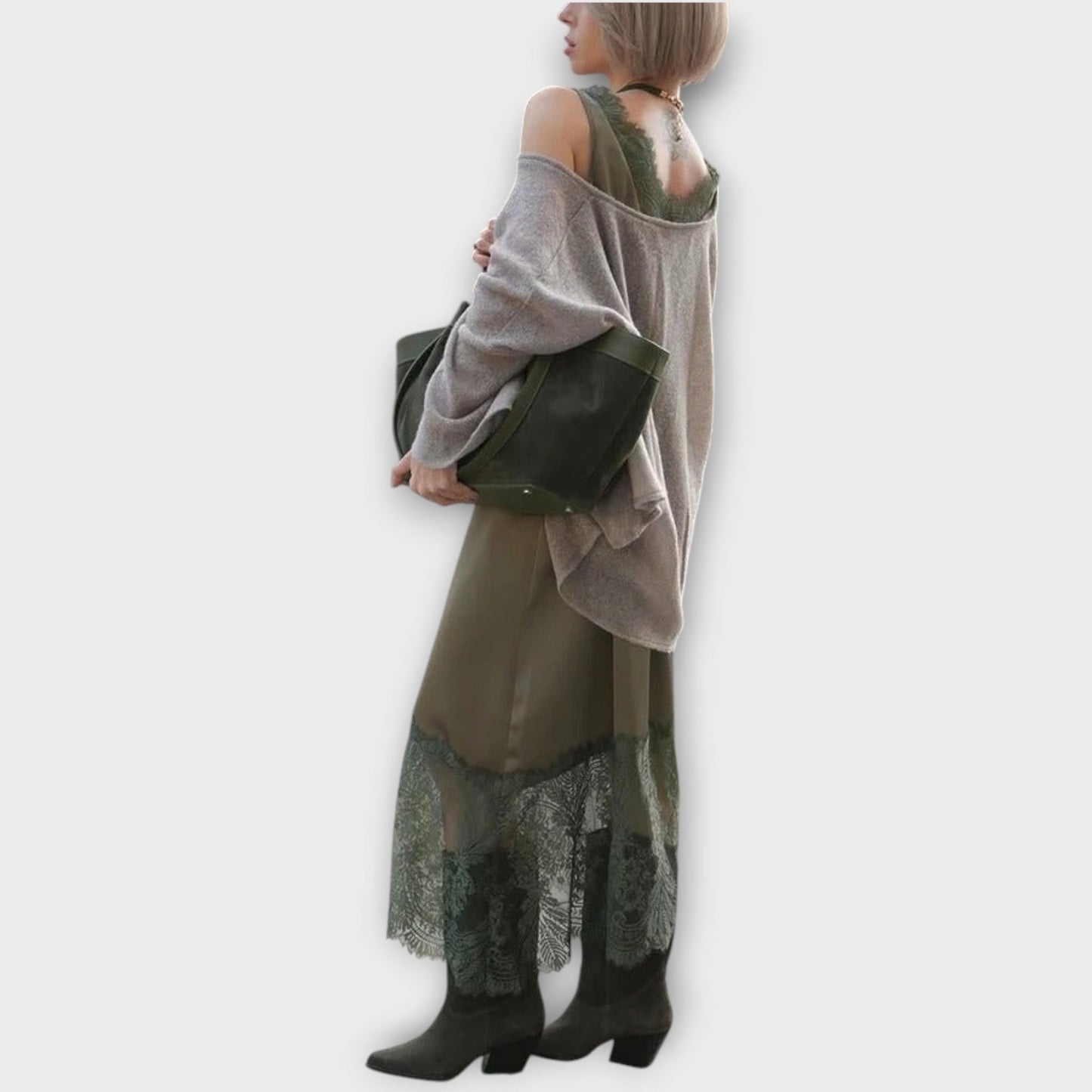 Jupe Midi en Satin avec Ourlet en Dentelle et Pull Détendu