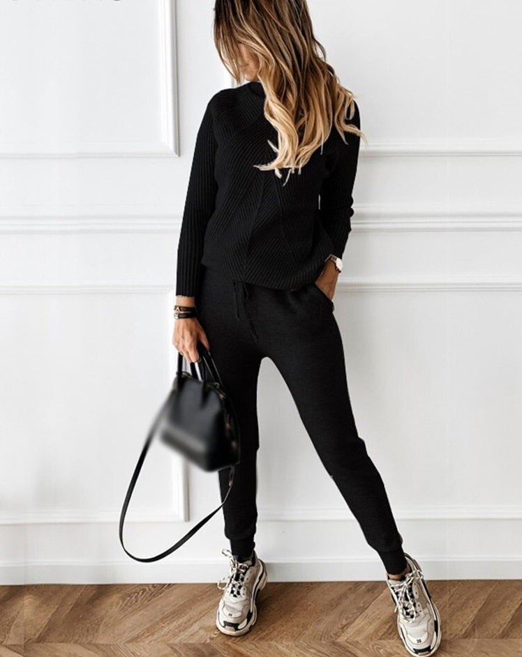 Ensemble Femme en Maille Côtelée 2 Pièces avec Pantalons et Pull
