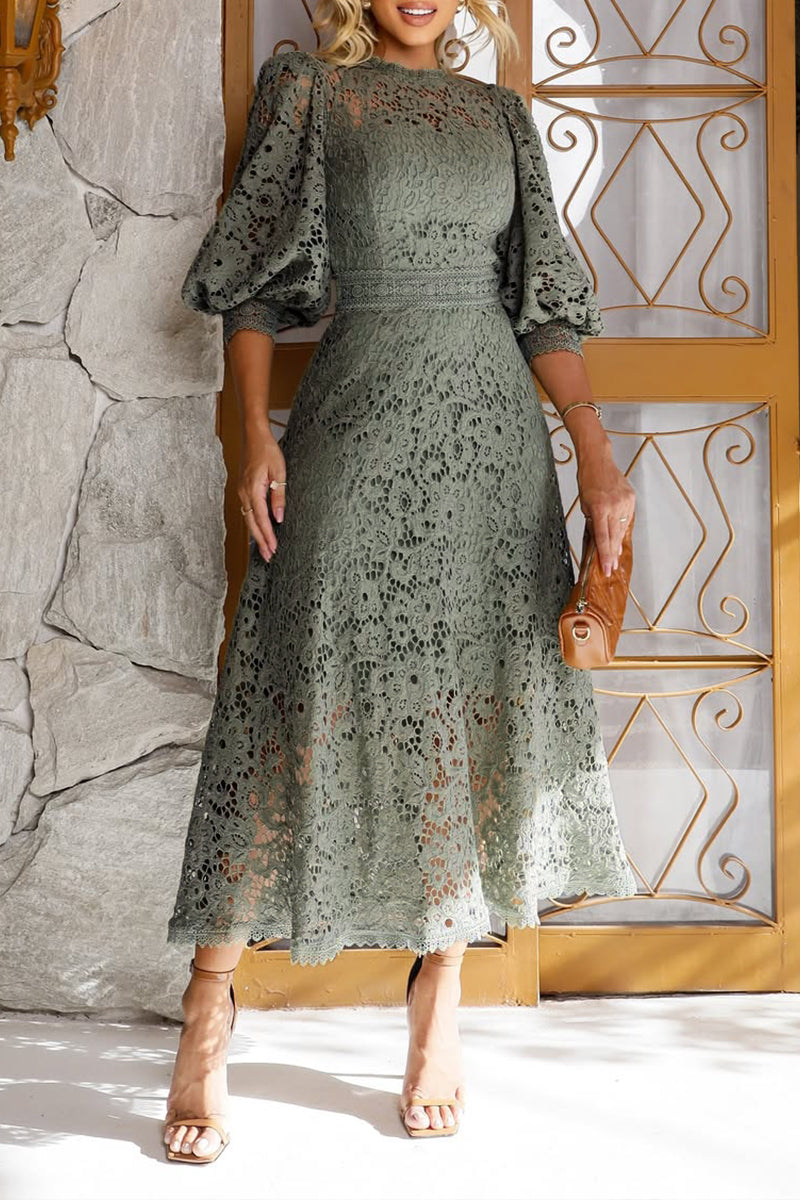 Robe Midi en Dentelle avec Manches Lanternes