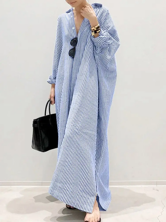 Alyssa™ - Robe Maxi Imprimée à Rayures avec Manches Bouffantes