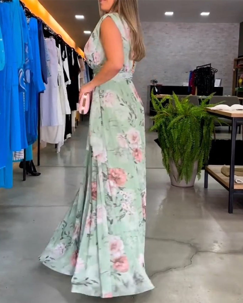 Gia - Robe longue sans manches à fleurs avec fente