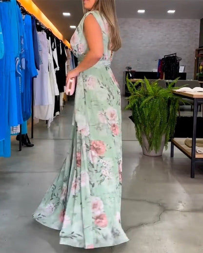 Gia - Robe longue sans manches à fleurs avec fente