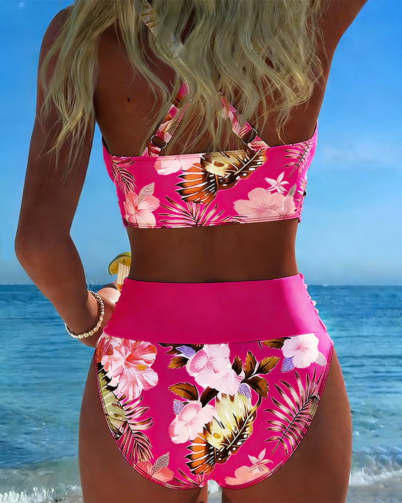 Bikini avec Imprimé Floral Contrasté et Fente