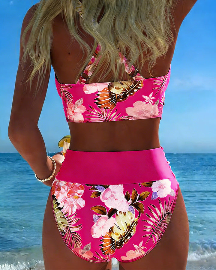 Bikini avec Imprimé Floral Contrasté et Fente