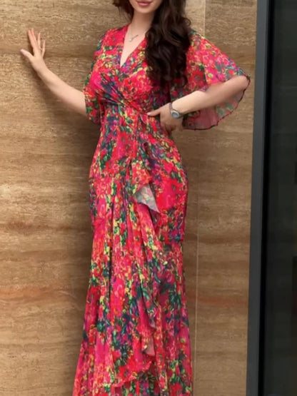 Robe imprimée à manches trompette avec décolleté en V