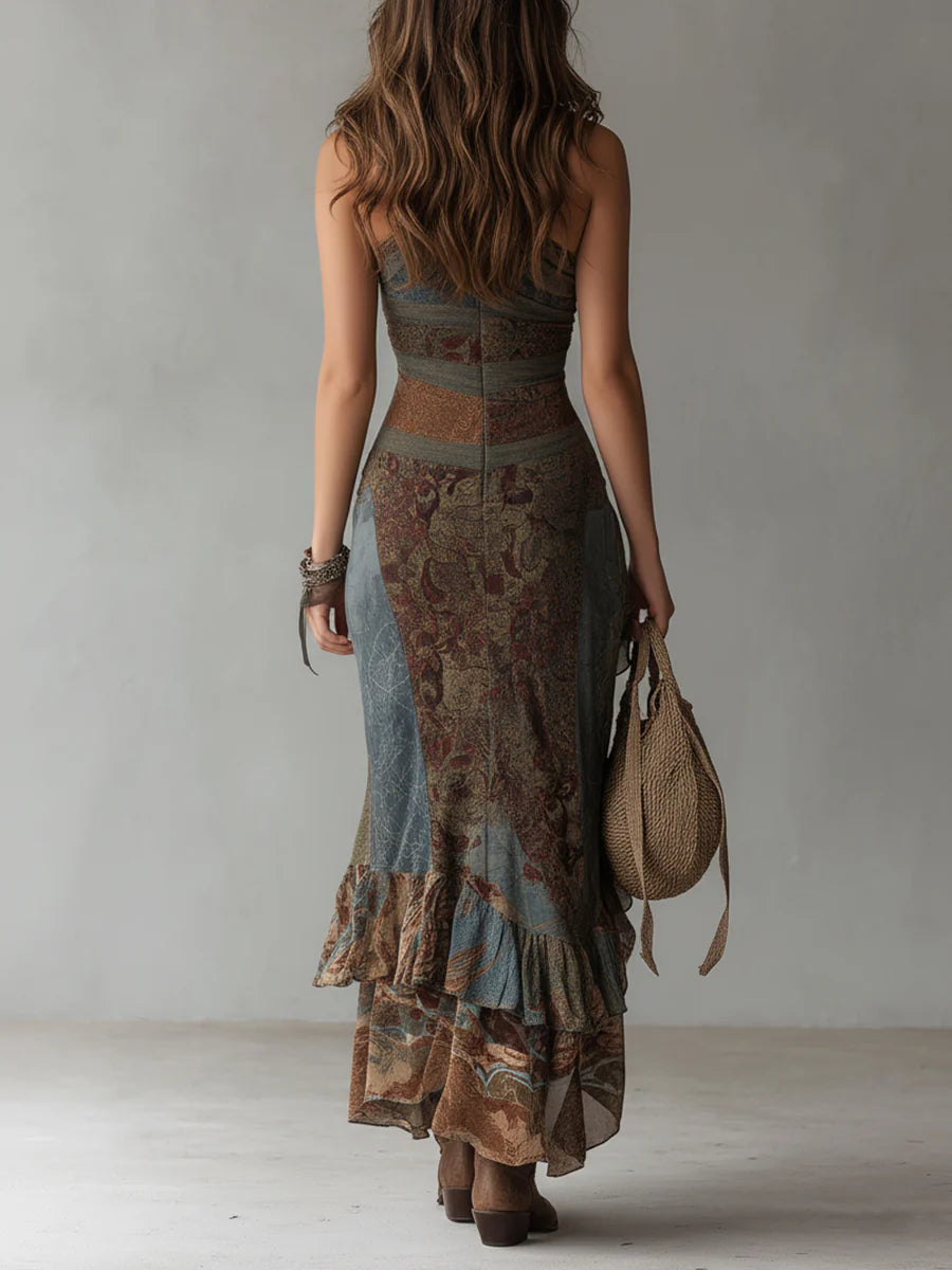 Elena | Robe Maxi Imprimée avec Bretelle Unique et Fente Volante