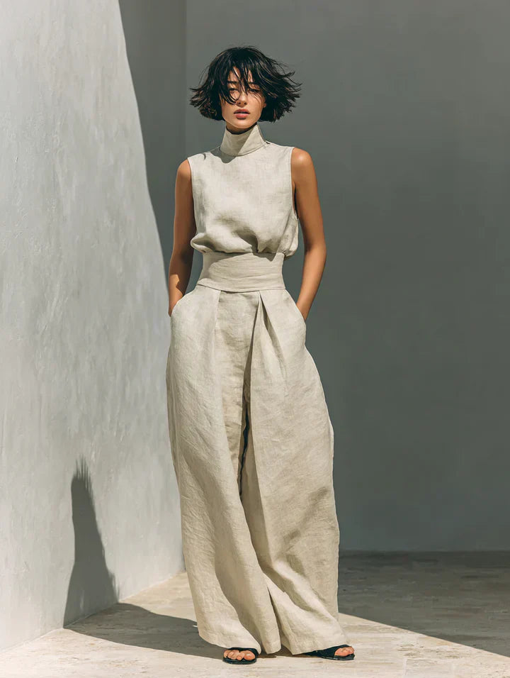 Amélie™ | Ensemble Minimaliste de Blouse Sans Manches et Pantalons Amples en Coton et Lin pour Femmes