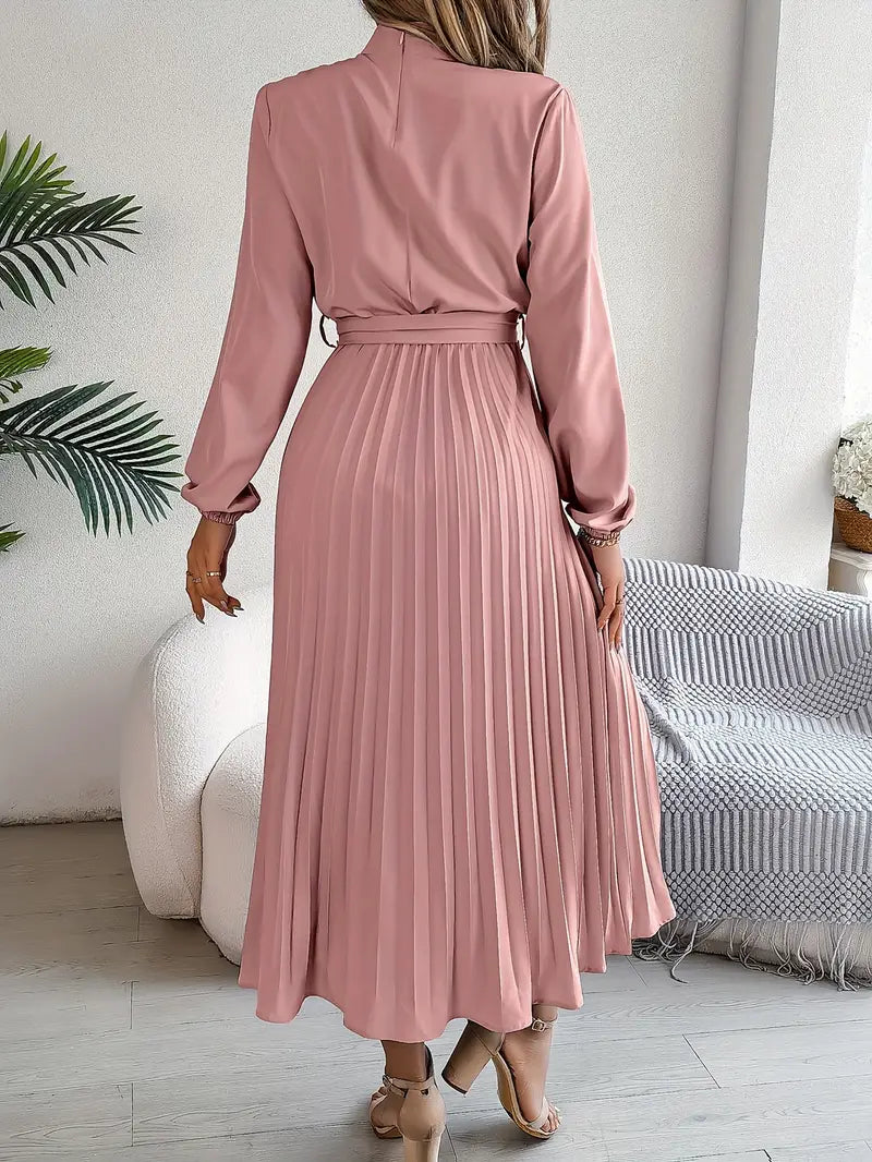 Robe Midi Plissée à Manches Longues pour Femmes avec Ceinture