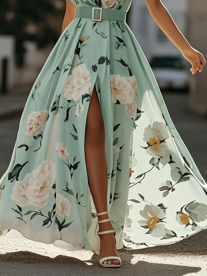Julie | Robe Maxi en Chiffon Floral Vert Clair à Épaule Dénudée