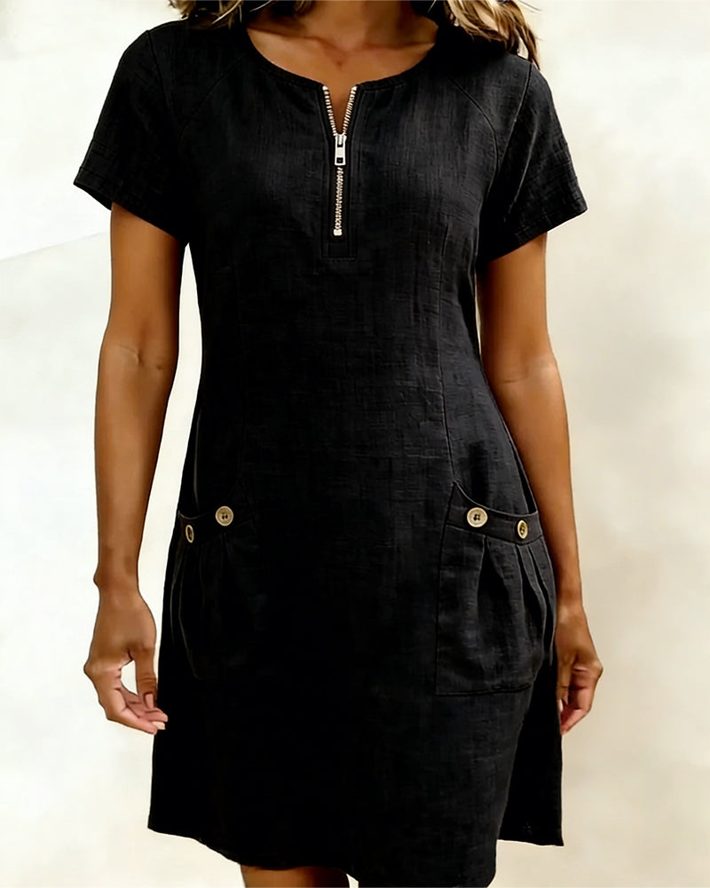 Robe Courte en Lin et Coton avec Fermeture Éclair - Coupe A-Line Élégante