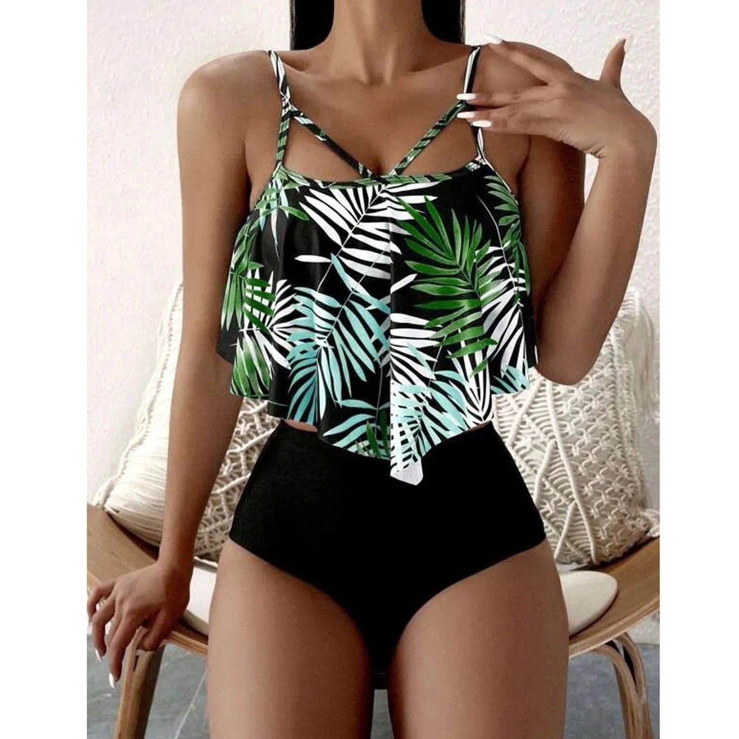 LolaBeach - Tankini à volants et imprimé feuilles