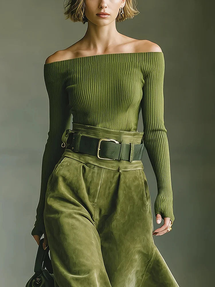Ensemble top off-shoulder vert olive et jupe en daim (avec ceinture)