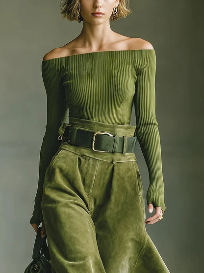 Ensemble top off-shoulder vert olive et jupe en daim (avec ceinture)