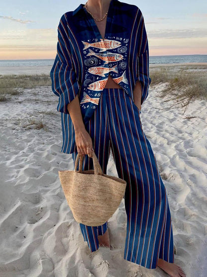 Mae | Chemise oversize à imprimé océan style île et pantalon à poches à taille élastique