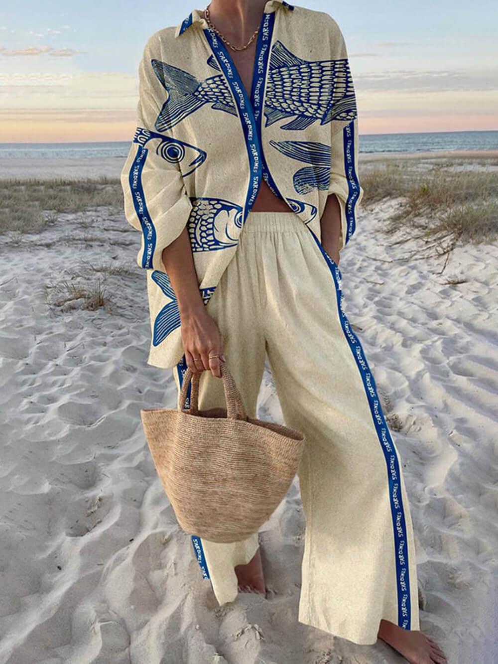 Mae | Chemise Oversize avec Imprimé Océanique de Style Île et Pantalons avec Poches à Taille Élastique