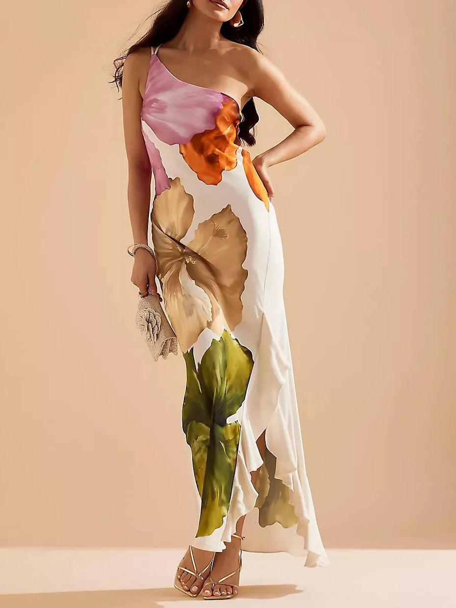 Kira | Robe Maxi Élégante avec Imprimé Floral à Épaule Unique
