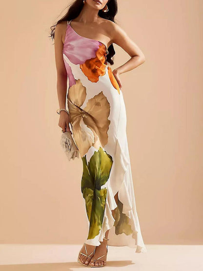 Kira | Robe Maxi Élégante avec Imprimé Floral à Épaule Unique