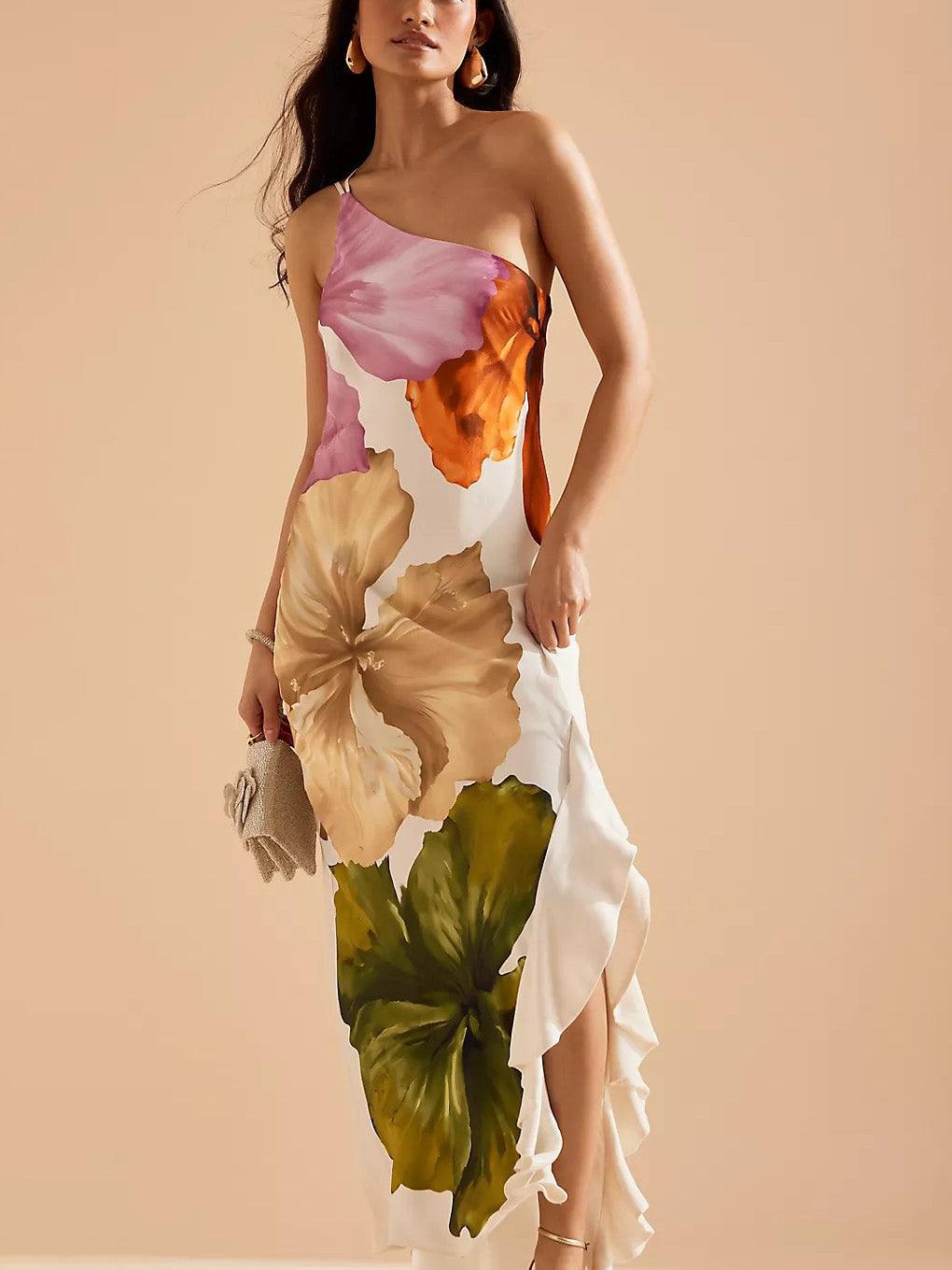 Kira | Robe Maxi Élégante avec Imprimé Floral à Épaule Unique