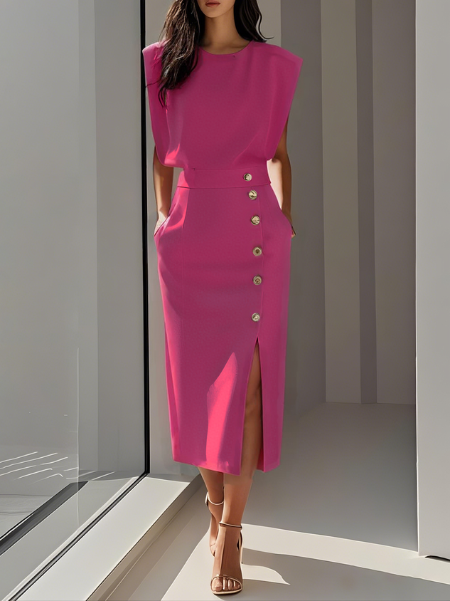Malene™ | Robe Midi Unie avec Ouverture de Boutons et Col Rond