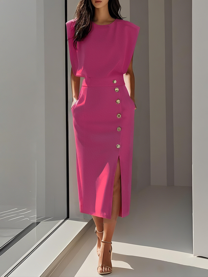 Malene™ | Robe Midi Unie avec Ouverture de Boutons et Col Rond