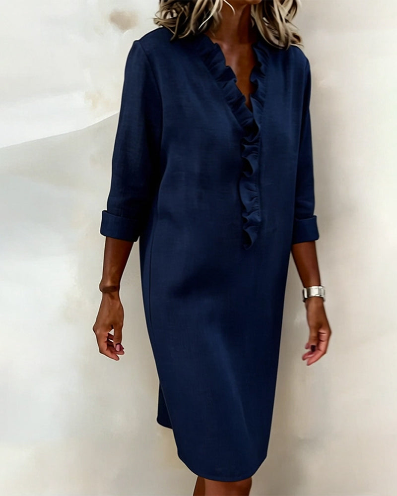 Robe Unie à Volants avec Col en V