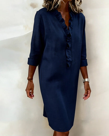 Robe Unie à Volants avec Col en V