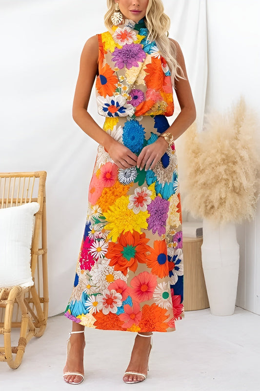 Été | Robe Maxi Florale Sans Manches avec Col en Nœud