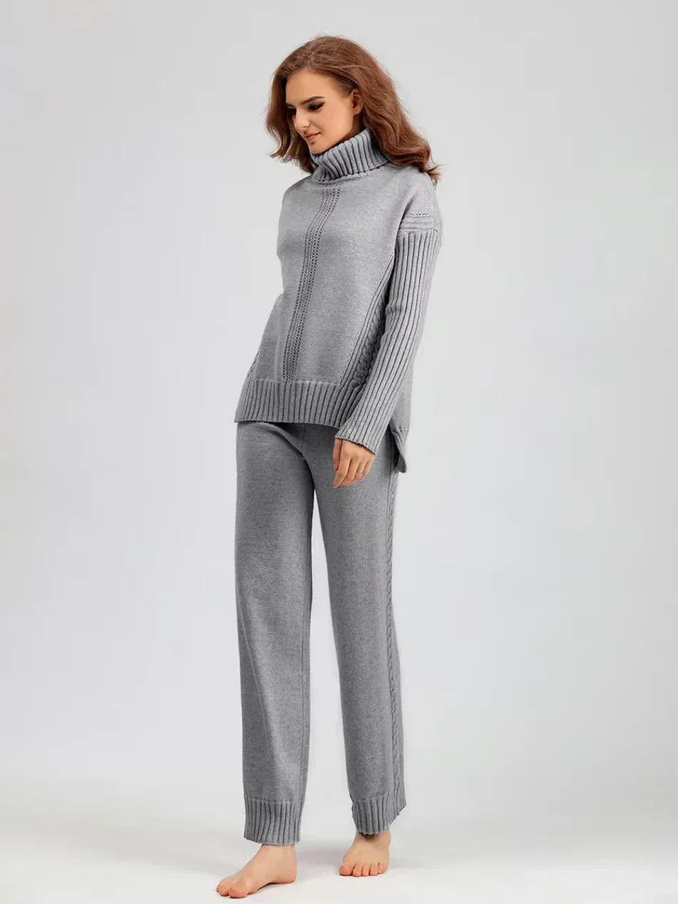 Scarlett - Ensemble de Pull Tricoté à Col Montant Chic et Pantalons Amples