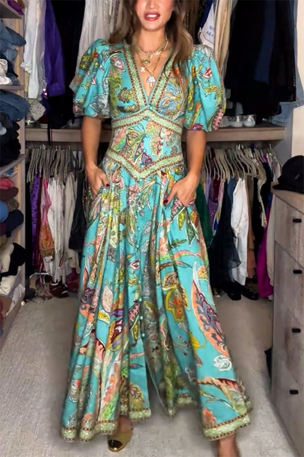 Amelia Quinn | Robe maxi légère à manches bouffantes et décolleté en V