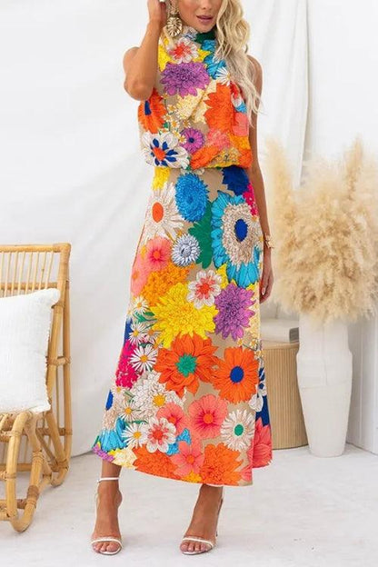 Été | Robe Maxi Florale Sans Manches avec Col en Nœud