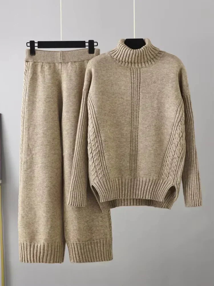 Scarlett - Ensemble de Pull Tricoté à Col Montant Chic et Pantalons Amples