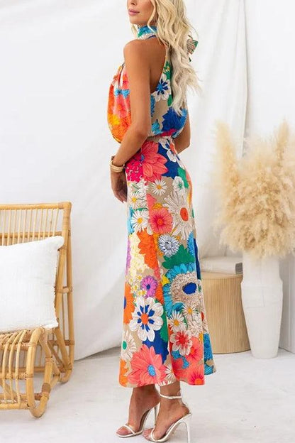 Été | Robe Maxi Florale Sans Manches avec Col en Nœud