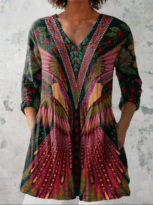 Ruby | Chemise V en Col V avec Motif Oiseau Tropical