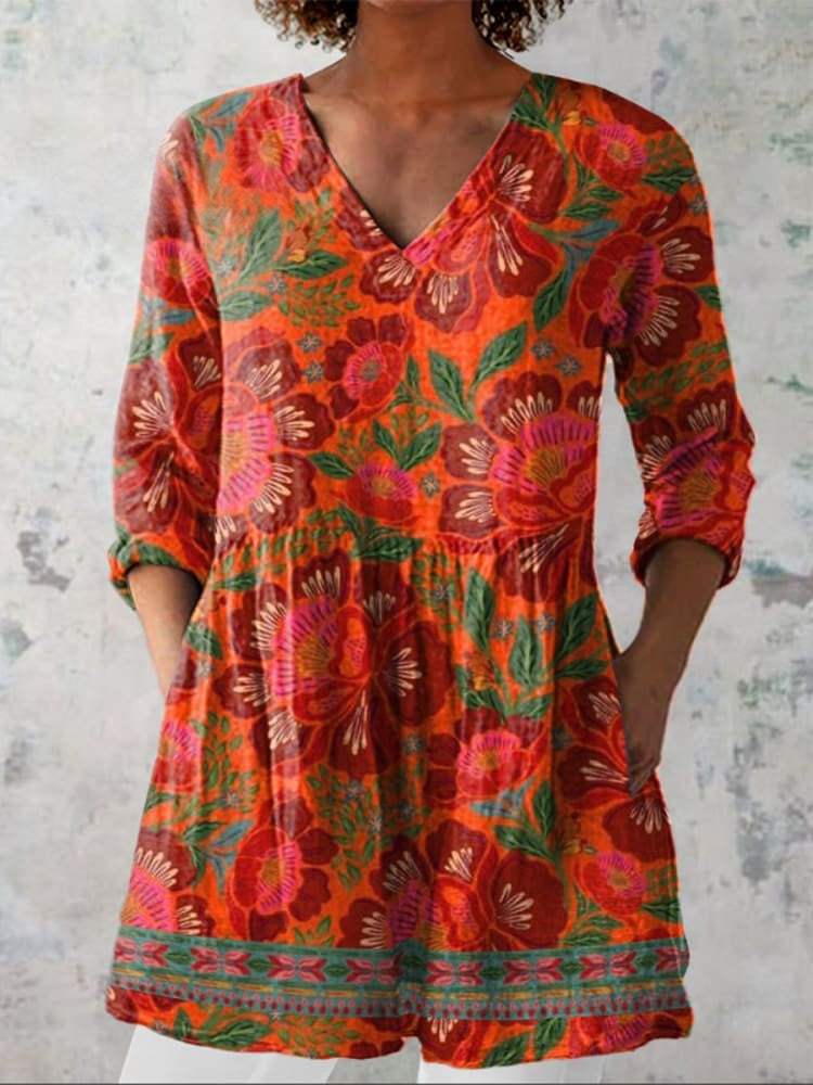 Aubrey | Chemise V-Neck Florale Ethnique d'Été