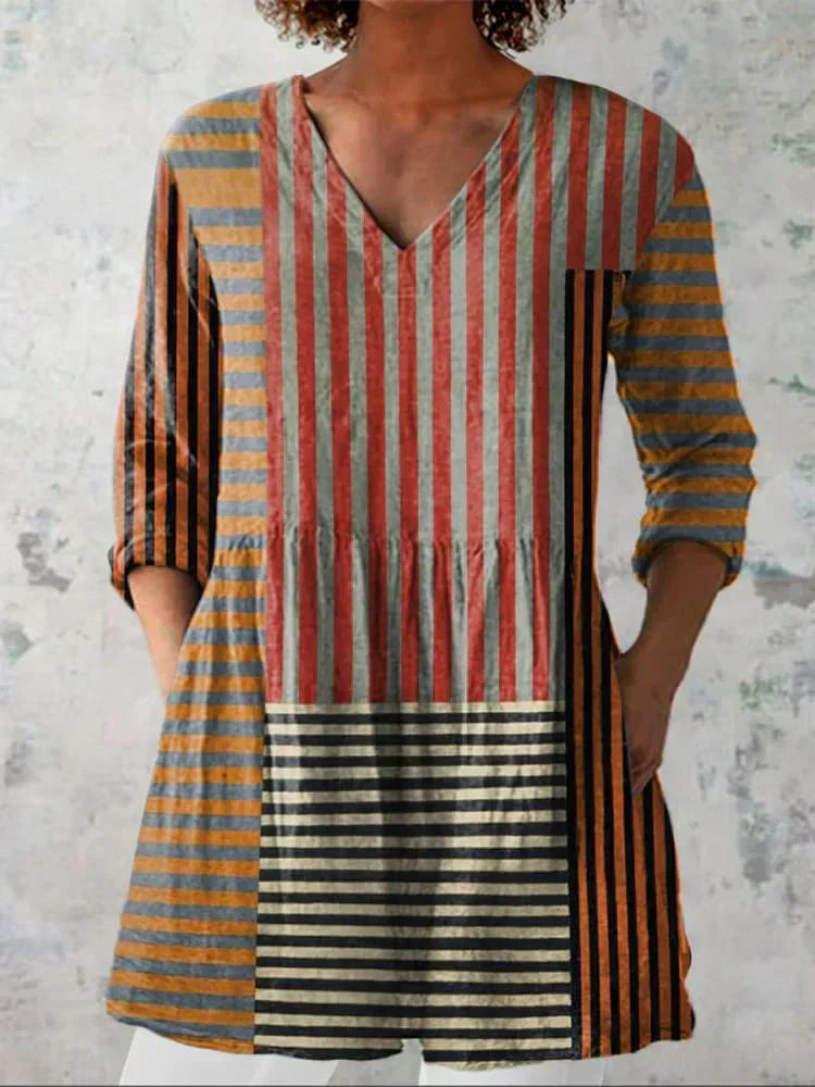 Avery | Chemise V-Neck en Patchwork Rayé