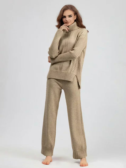 Scarlett - Ensemble de Pull Tricoté à Col Montant Chic et Pantalons Amples