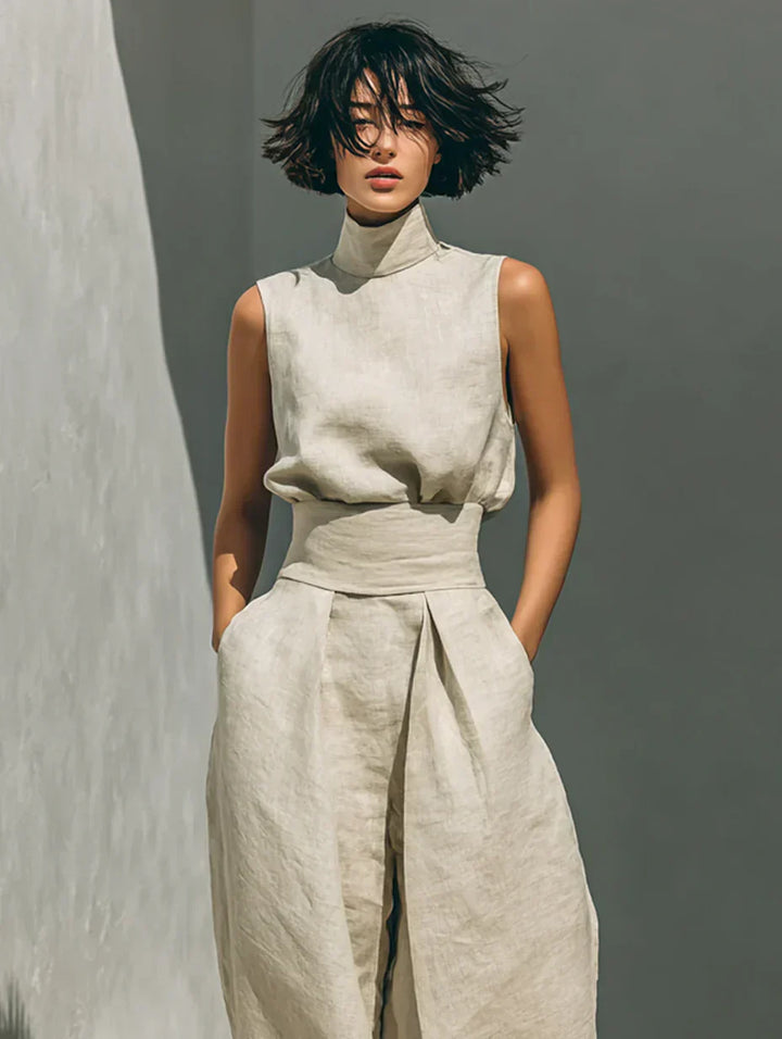 Amélie™ | Ensemble Minimaliste de Blouse Sans Manches et Pantalons Amples en Coton et Lin pour Femmes