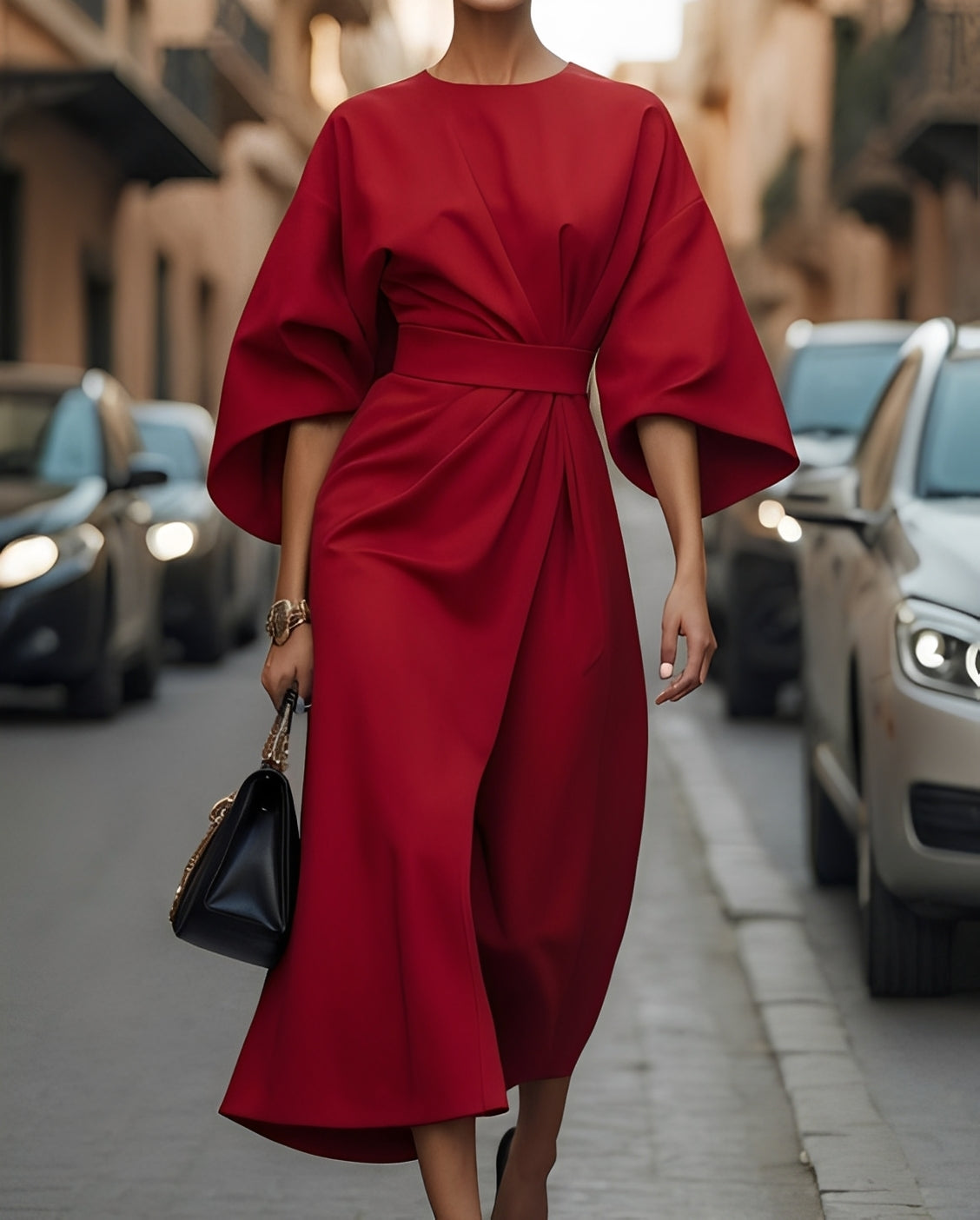 Nancy - Robe midi élégante avec manches bouffantes pour femmes