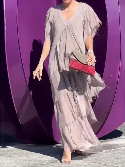 Robe Maxi Élégante Col V et Manches Froncées