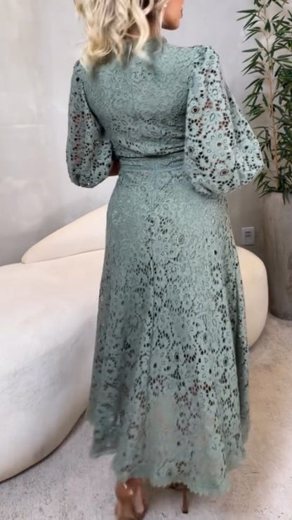 Robe Midi en Dentelle avec Manches Lanternes