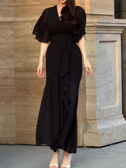 Robe imprimée à manches trompette avec décolleté en V